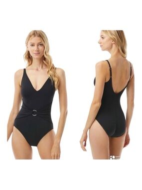 NEW Michael Kors One Piece Swimsuit Black Ribbed Size 10 Waist Sash Logo